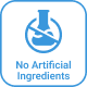 Blue icon with a crossed-out flask, indicating "No Artificial Ingredients" in text below.