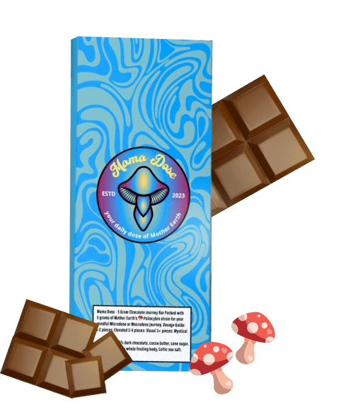Psychedelic-themed chocolate packaging labeled "Mama Dose" with chocolate squares and illustrated mushrooms nearby.