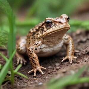 A brown and spotted toad sits on dirt surrounded by green grass.