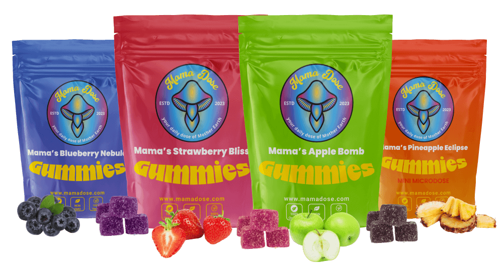 Four colorful bags of gummies displayed with fruit: blueberries, strawberries, apples, and pineapples. Bags labeled as Mama's Blueberry Nebula, Strawberry Bliss, Apple Bomb, and Pineapple Eclipse.