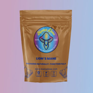 Packaging of Mama Dose Lion's Mane supplement. Label indicates non-GMO and vegan. Background is a gradient of blue and pink.