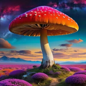 A large, vibrant red mushroom with white spots stands amidst purple foliage under a colorful sky.