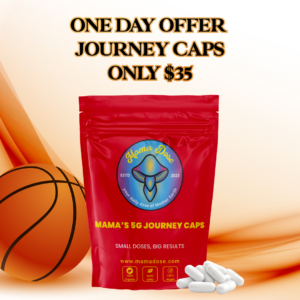 Red bag of Mama Dose Journey Capsules, $35 offer, small doses, big results. Features a basketball, website, and pills on an abstract background.