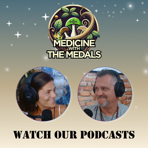 Podcast cover image for "Medicine with The Medals," featuring two hosts with microphones, wearing headphones, against a starry background.