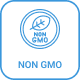 Icon with a leaf and DNA strand inside a circle above the text "NON GMO," in blue on a black background.