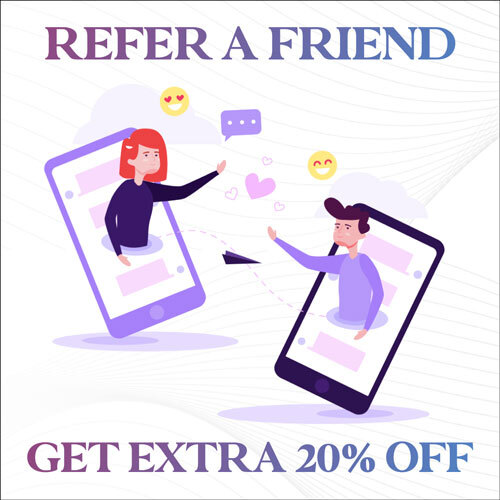 Illustration of two people emerging from smartphones, exchanging messages with hearts and emojis. Text reads, "REFER A FRIEND, GET EXTRA 20% OFF.