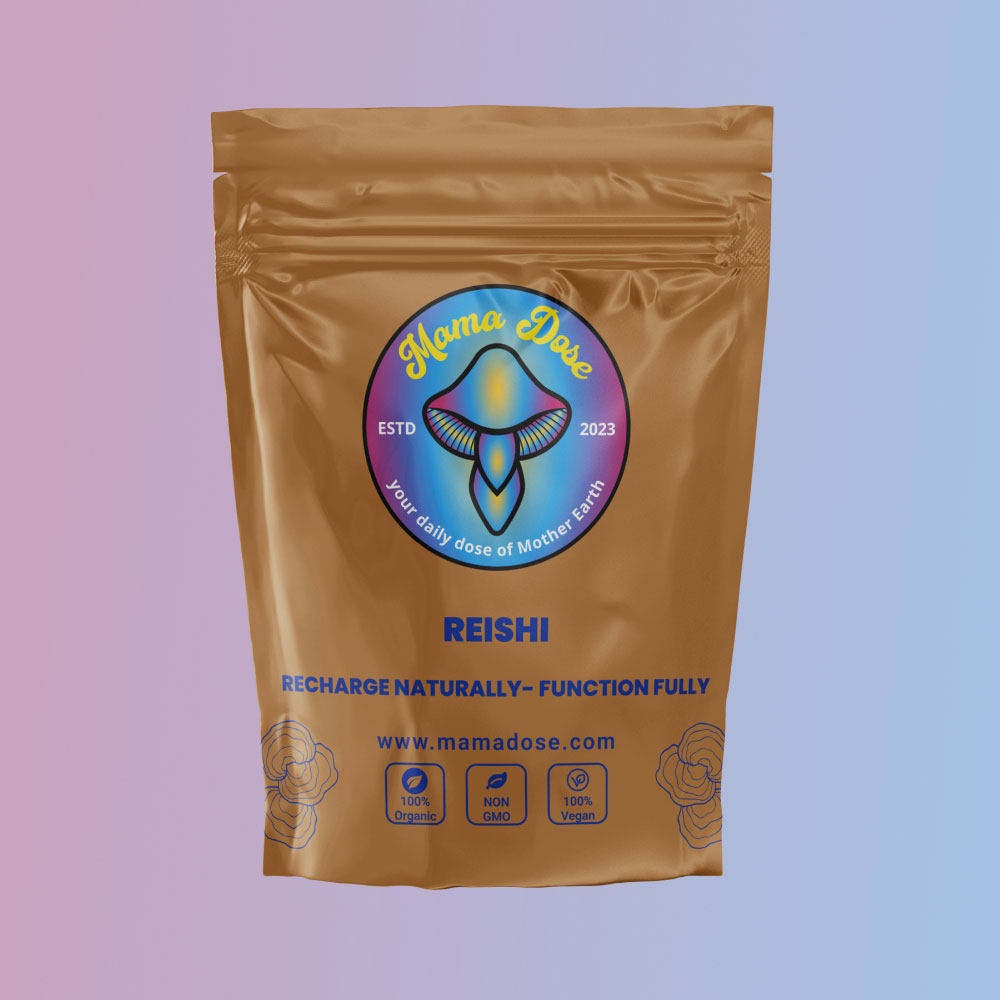 The brown resealable pouch features stylized mushroom art with a logo and text: "Reshi" and phrases like "Recharge Naturally - Function Fully," as well as "100% Organic, Non-GMO, 100% Vegan.