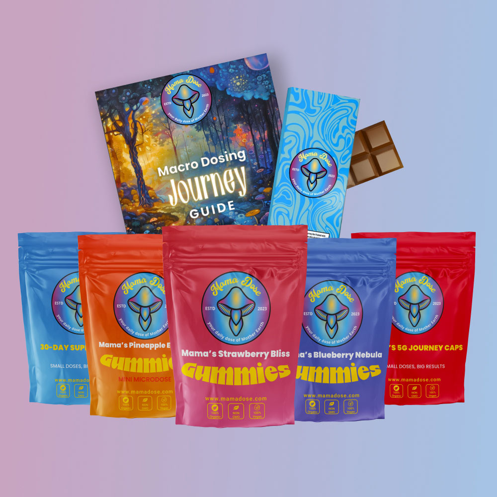 The Mama Dose Experience Bundle includes gummies, caps, a booklet, and a chocolate bar. Labels feature "Mama Dee's" and highlight diverse flavors with a "Macro Dosing Journey Guide." The packaging boasts colorful designs.