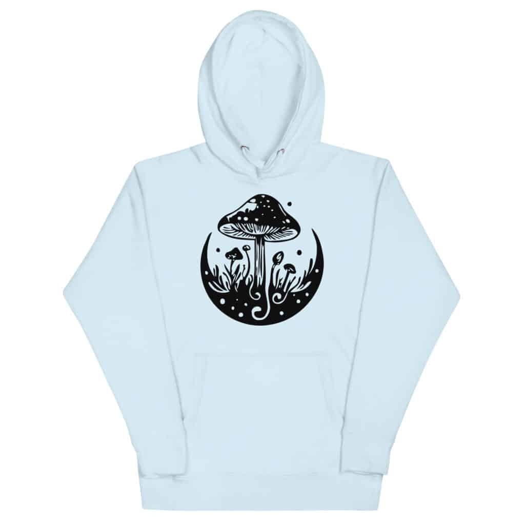 Light blue "Mushroom Hoodie" with a black mushroom design in the center.