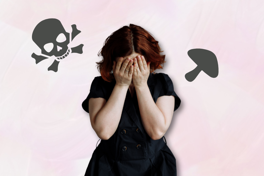 A person with red hair obscuring their face stands between a skull and crossbones and a mushroom icon on a pale background, subtly hinting at the question: Can you overdose on shrooms?.