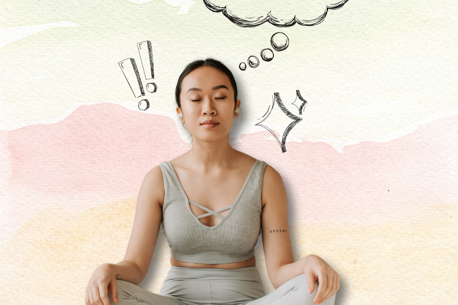 A woman with closed eyes sits cross-legged on a pastel background. Thought and exclamation bubble doodles are drawn above her head.