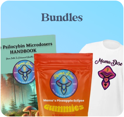 Discover the ultimate Mama Dose product bundle, featuring a psilocybin microdoser handbook, a stylish Mama Dose branded T-shirt, and a delightful bag of Mama's Pineapple Eclipse Gummies.