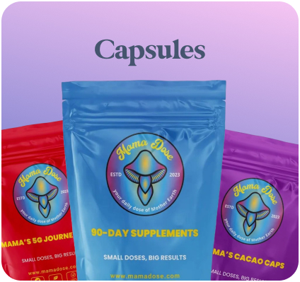 Three colorful packets of capsules are displayed against a gradient background, labeled "Mama's 5G Journey," "90-Day Supplements," and "Mama's Cacao Caps," all part of the Mama Dose collection.