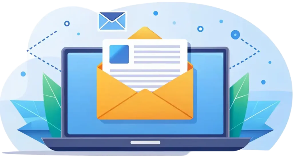 Illustration of a laptop with an open yellow envelope on the screen, containing a letter. An email icon is in the background, with blue decorative elements and green leaves.