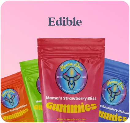 Three vibrant packs of Mama Dose gummies in green, red, and blue sit under the bold word "Edible" against a gradient pink backdrop.