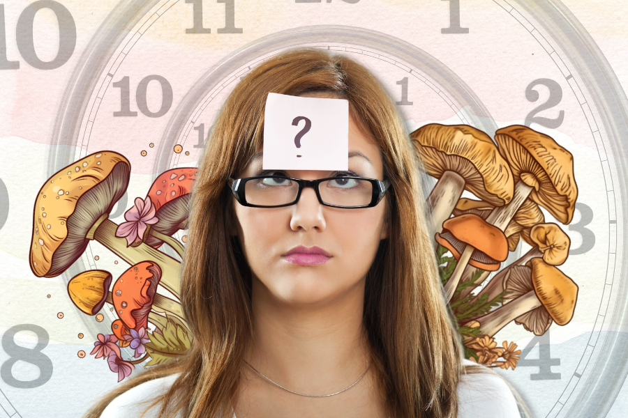 How Long Does a Psilocybin Trip Last? 17 A woman with long hair and glasses has a sticky note with a question mark on her forehead. Illustrated mushrooms and clock numbers are in the background depicting How Long Does a Shroom Trip Last