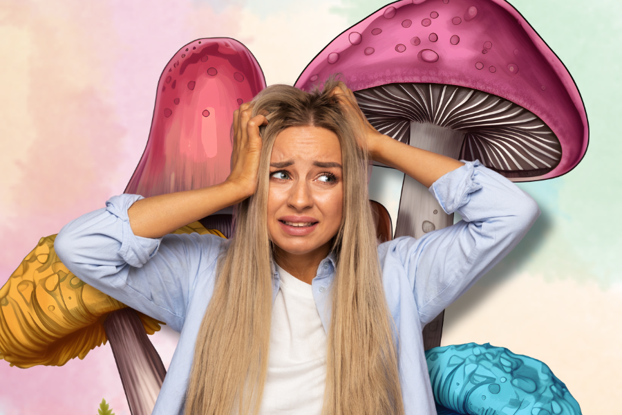 A woman with a worried expression holds her head, standing amid illustrated colorful mushrooms, pondering the question: "What Are the Side Effects of Shrooms?.