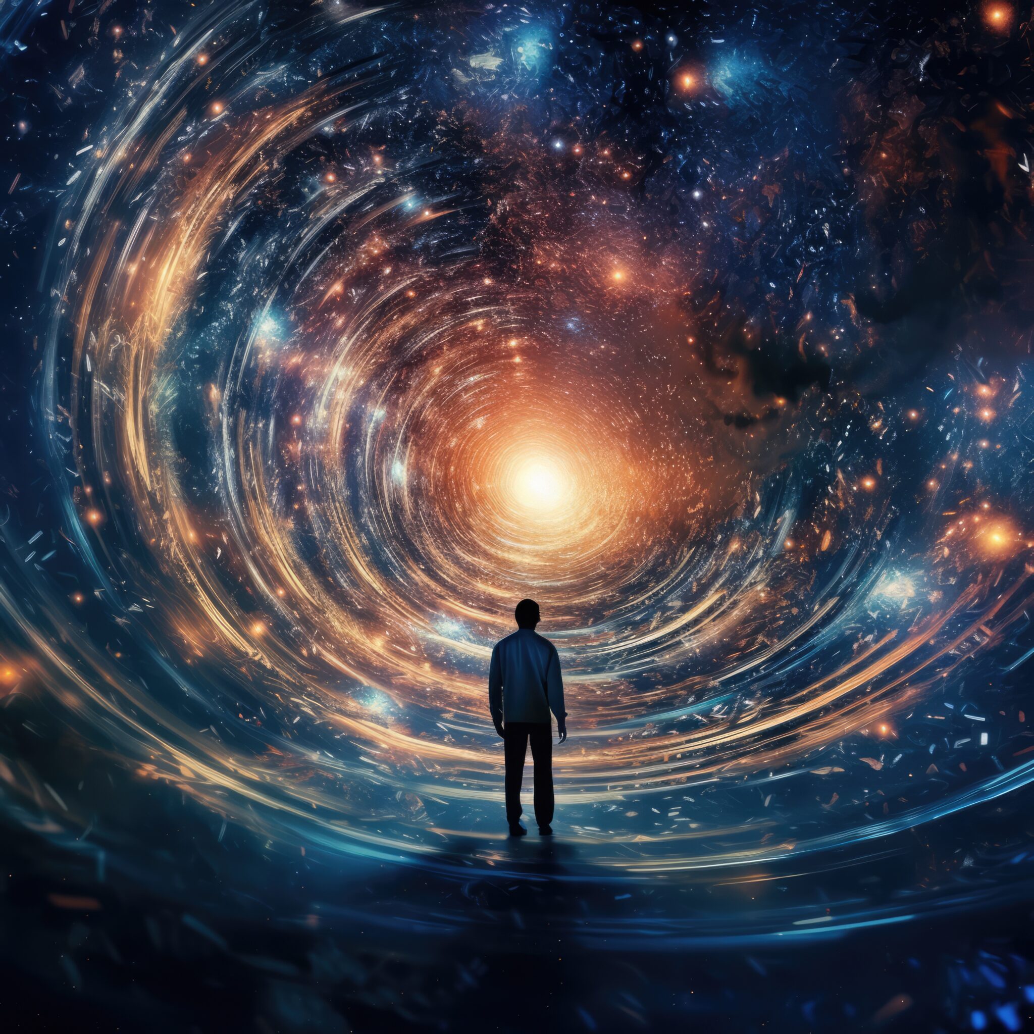 A person stands facing a swirling vortex of glowing stars and cosmic light, creating a tunnel effect in a dark, star-filled space—evoking the mind-expanding wonder often associated with microdosing.