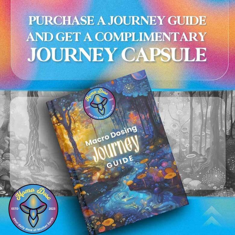A promotional image for Aroma Dose shows a colorful "Microdosing Journey Guide" book, offering a free Journey Capsule with purchase. The background features vibrant, psychedelic art.