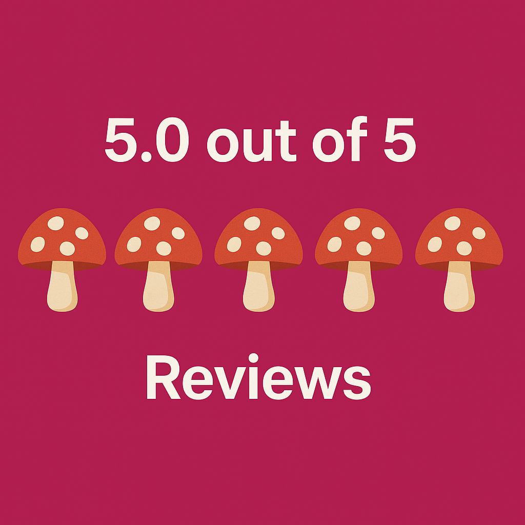 Mama Dose Reviews – Real Customers, Real Trust 1 Five cartoon mushrooms are shown, resembling a five-star rating. Text above reads "5.0 out of 5," and below reads "Reviews," all on a red background.