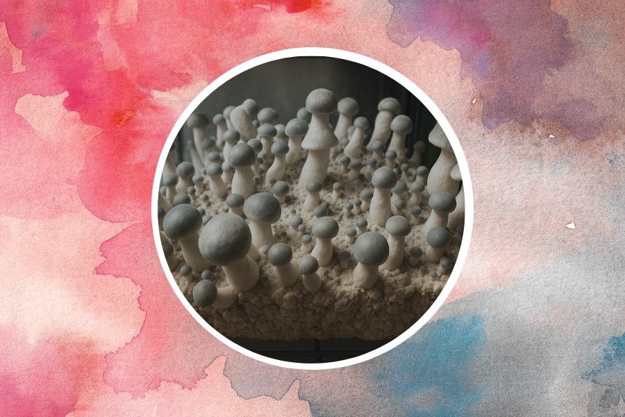 Close-up of a cluster of mushrooms growing from a substrate, framed within a circular border on a colorful watercolor background.