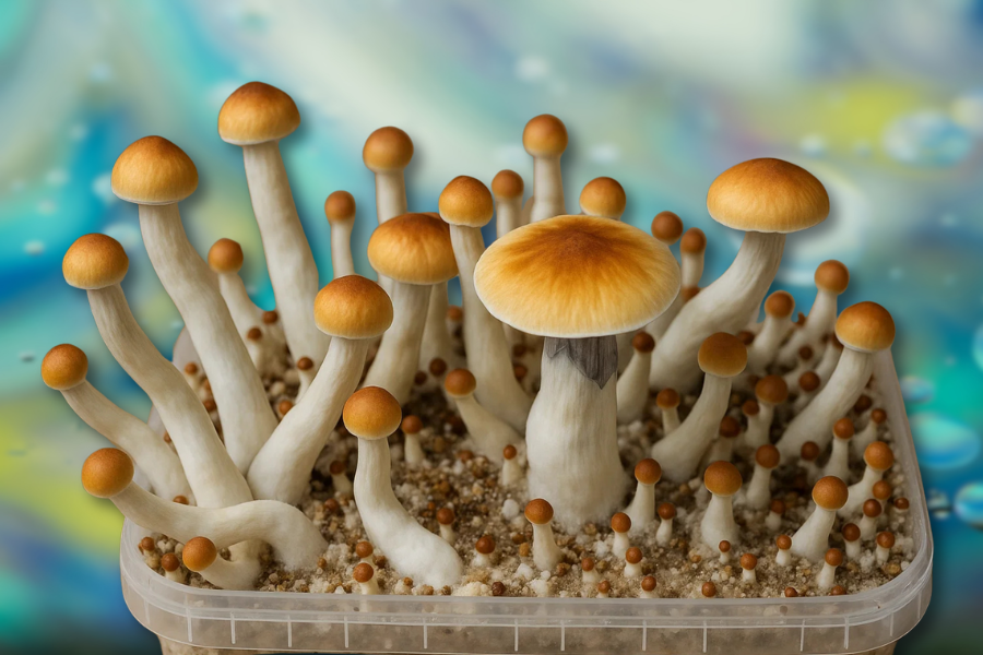 A cluster of Golden Teacher psilocybin mushrooms growing in a clear plastic container filled with a grainy substrate, set against a blurred, colorful background.