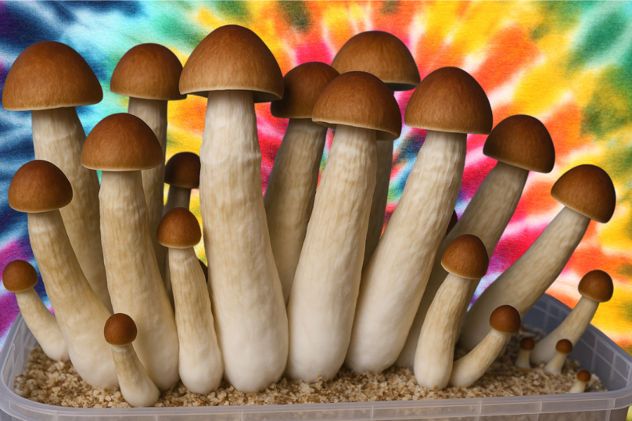 A cluster of brown-capped mushrooms, known for their Penis Envy Mushrooms effects, growing in a container against a vibrant tie-dye background.
