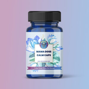 A blue bottle labeled "MAMA DOSE CALM CAPSULE" with a floral design and the tagline "Calm Mind, Peaceful Bloom" appears against a pastel gradient background.