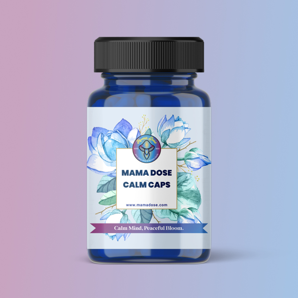 A blue bottle labeled "MAMA DOSE CALM CAPSULE" with a floral design and the tagline "Calm Mind, Peaceful Bloom" appears against a pastel gradient background.