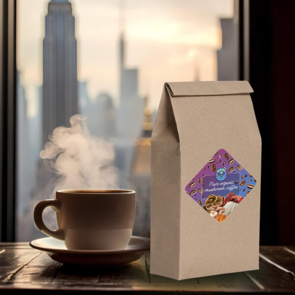 A steaming cup of coffee sits on a table beside a brown bag labeled "Mama's Functional Mushrooms Instant Coffee," with a city skyline visible through the window in the background.