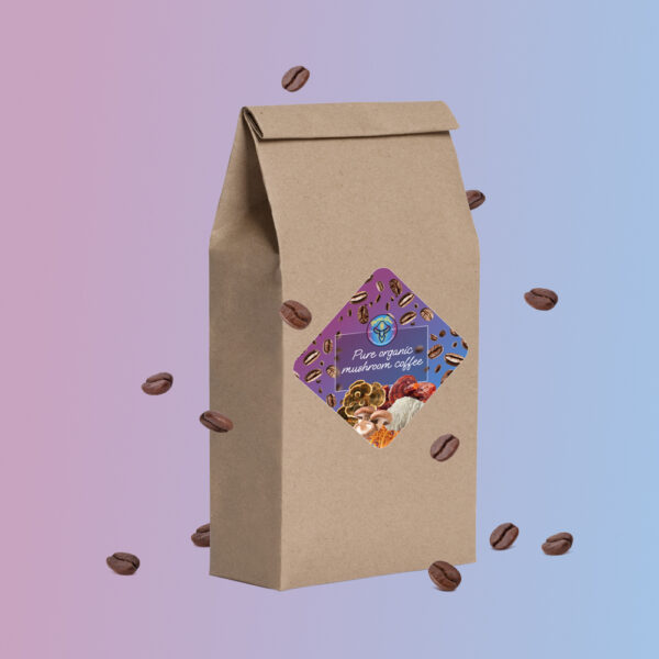 A brown paper coffee bag labeled "Mama's Functional Mushrooms Instant Coffee," surrounded by floating coffee beans on a pink and blue gradient background.