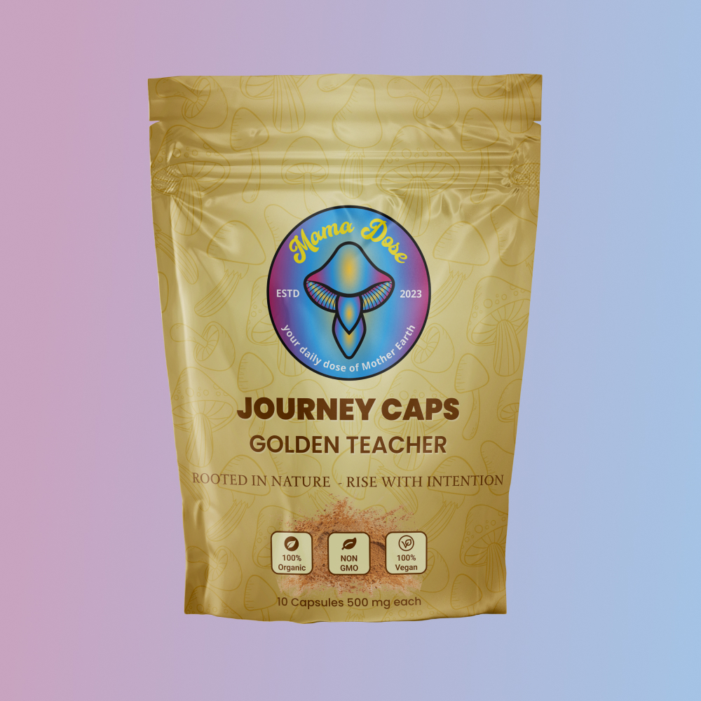 A gold resealable pouch labeled “Journey Caps Golden Teacher Strain” by Aroma Dose, with product icons and a colorful logo on a gradient blue-pink background.