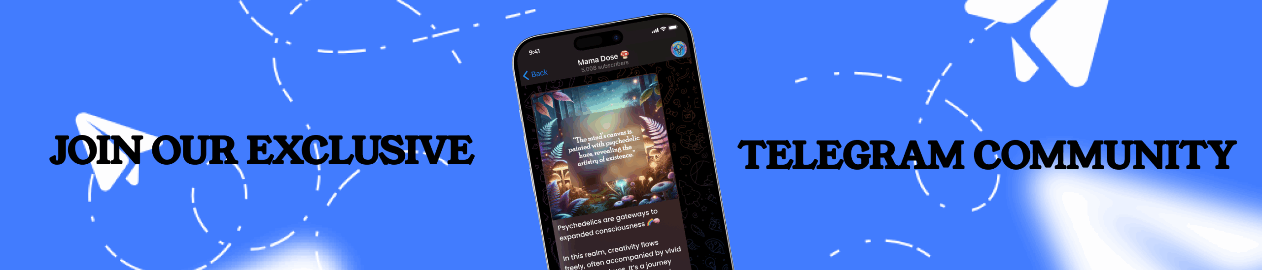 Smartphone displaying a Telegram chat, with the text "JOIN OUR EXCLUSIVE MICRODOSING TELEGRAM COMMUNITY" on a blue background with white paper plane icons.