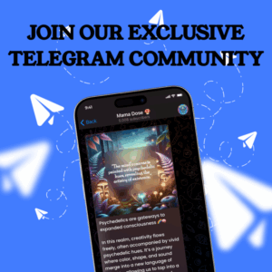 A smartphone displays a Telegram channel about psychedelics and microdosing on a blue background with white Telegram logos and the text, "Join our exclusive Telegram community.