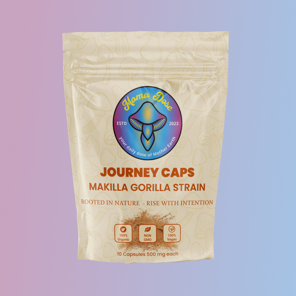 A cream-colored pouch labeled "Journey Caps Makilla Gorilla Strain" features a vibrant hummingbird logo and details on a pink-blue gradient background.