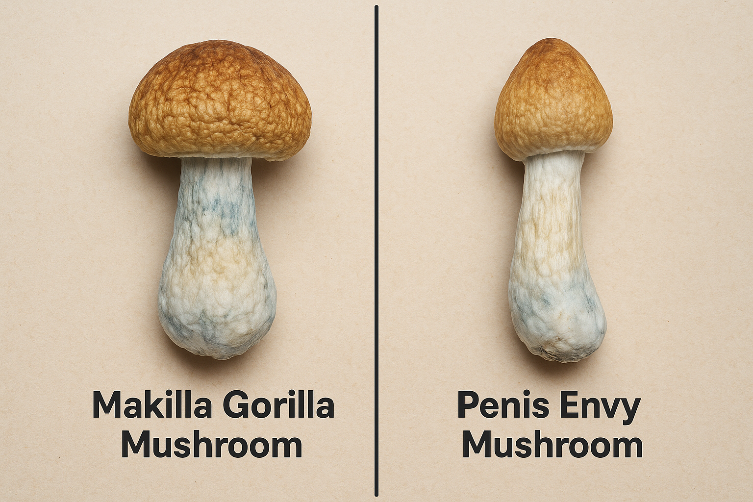  Side-by-side comparison of Makilla Gorilla vs. Penis Envy mushrooms on a beige background, showing their differences in cap shape and stem thickness, with labels identifying each mushroom underneath.