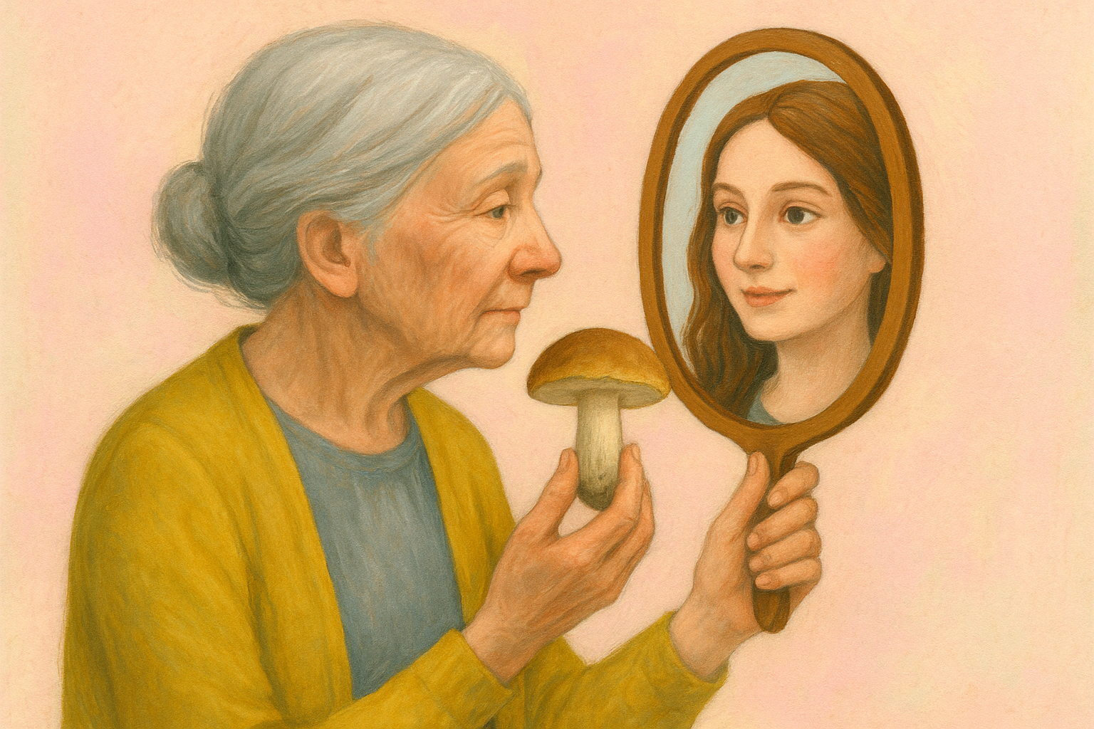 An elderly person with gray hair and a warm yellow cardigan holds a mushroom in one hand and a mirror reflecting a youthful version of themselves — visually symbolizing how magic mushrooms slow aging by potentially rejuvenating cells and reversing age-related decline.