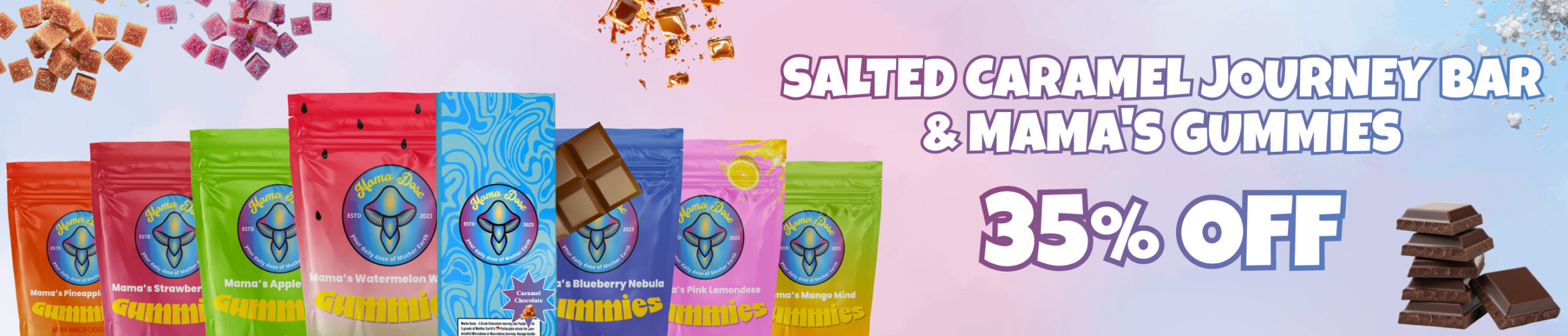 35 sale gummies and caramel chocolate banner scaled
