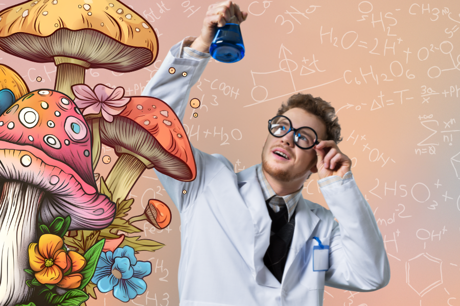 Scientist in a lab coat holding a blue flask, surrounded by colorful psychedelic mushrooms, with chemical formulas in the background, representing Psilocybin vs 4-AcO-DMT.