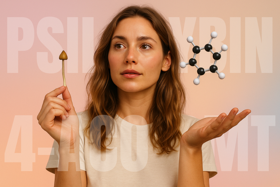 A WOMAN HOLDING A MUSHROOM AND IN OTHER HAND THERE IS A MOLECULE LEVITATING IN THE BACKGROUND THERE IS TEXT Psilocybin vs 4-AcO-DMT