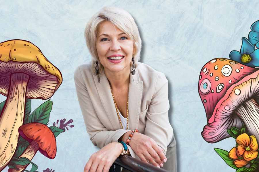 A person leans thoughtfully on a balcony, surrounded by vibrant illustrations of mushrooms and flowers — a symbolic nod to how magic mushrooms slow aging through their potential to enhance cellular regeneration and promote holistic well-being.
