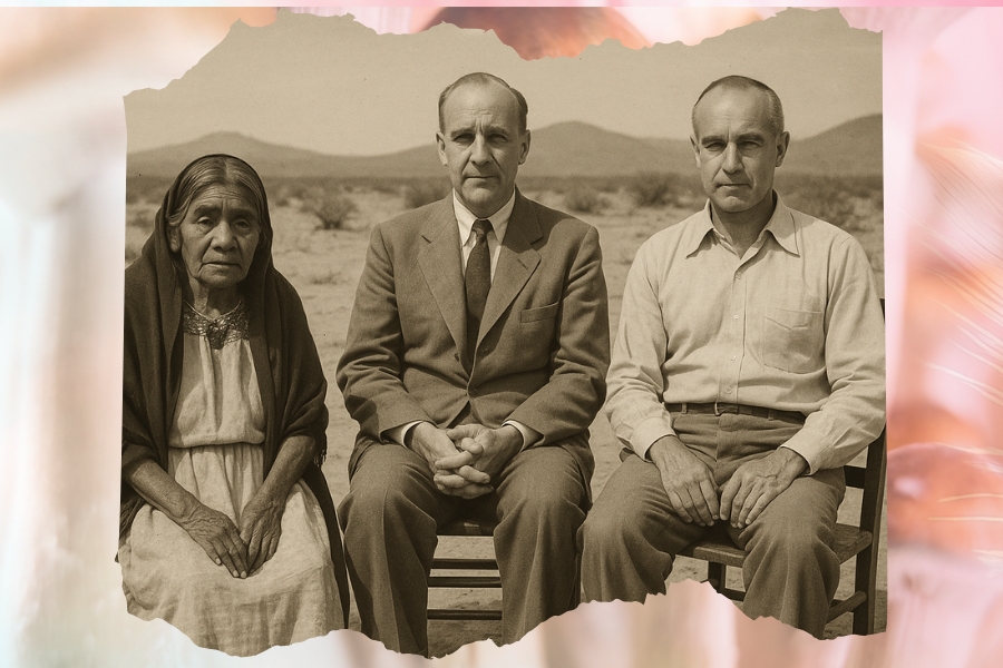 people who discovered magic mushrooms in a vintage photo in desert