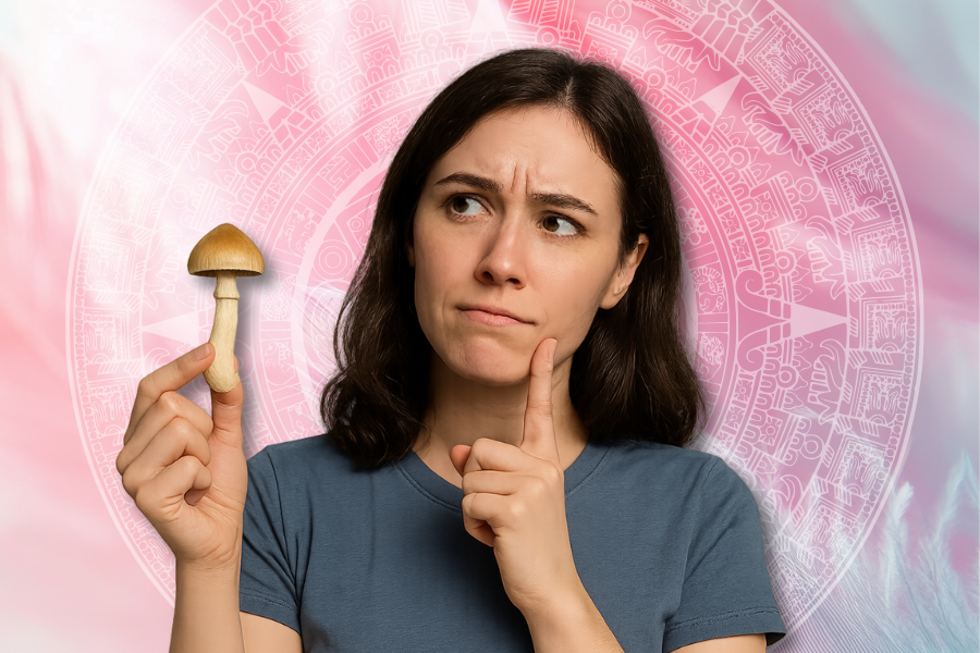 a woman holding a mushroom thinking about who discovered magic mushrooms on pastel background with aztec symbol in the background
