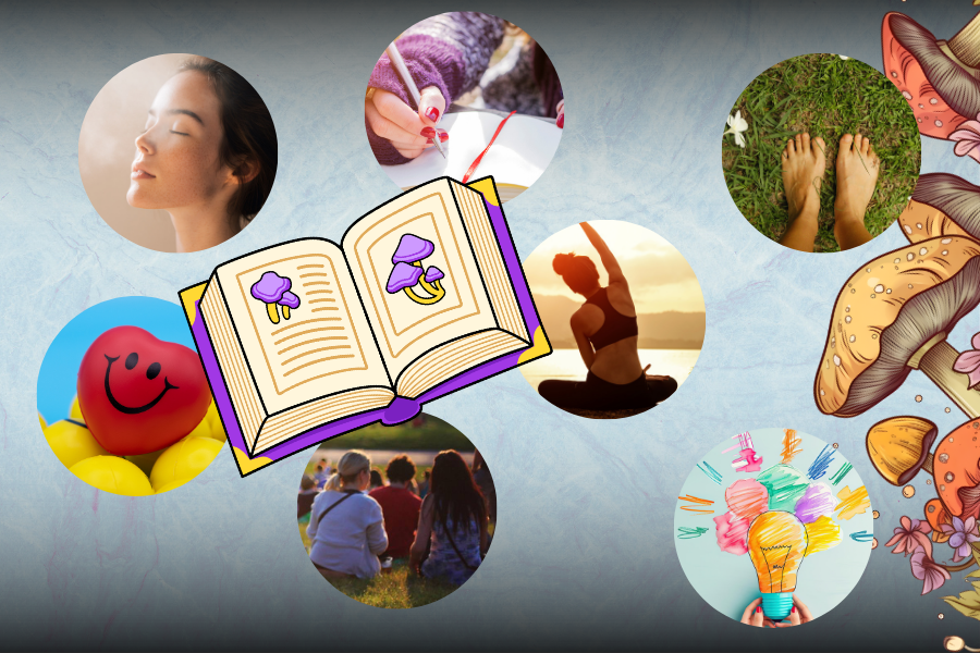 Post-Psychedelic Journey: Integration Practices That Actually Stick 2 
A visual representation of the 7 Steps of Integration Practices. An open book with mushroom illustrations is at the center, surrounded by circular vignettes illustrating different practices: a person meditating, someone writing in a journal, bare feet on the grass ("grounding"), a red heart with a smiley face, a group of people sitting outdoors (community support), a person doing yoga or stretching, and a hand holding a lightbulb with colorful strokes (creativity/insights). Illustrated mushrooms and foliage frame the right side of the image.