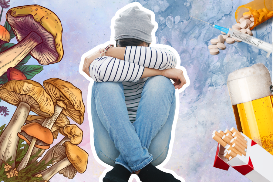 An illustration with a central image of a person sitting alone, hugging their knees, and looking down in distress. They are wearing jeans, a striped shirt, and a gray beanie. The background is a vibrant, abstract mix of blue and purple. On the left are psilocybin mushrooms, and on the right are various addictive substances: a syringe, scattered pills, a glass of beer, and a pack of cigarettes. The image represents the question, "Can Psilocybin Help with Addictive Patterns?
