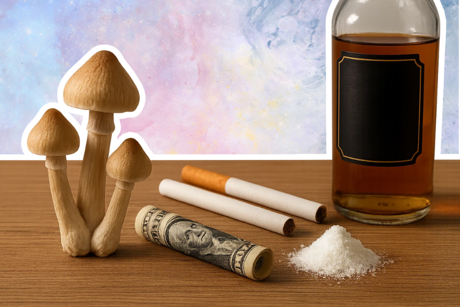
A photograph featuring three psilocybin mushrooms on the left side of a wooden table. On the right, there are items symbolizing addiction: a bottle of brown liquor, two cigarettes, a rolled-up dollar bill, and a small pile of white powder. The background is a soft, abstract blend of pink, blue, and yellow. It depicts psilocybin and addictive patterns. 