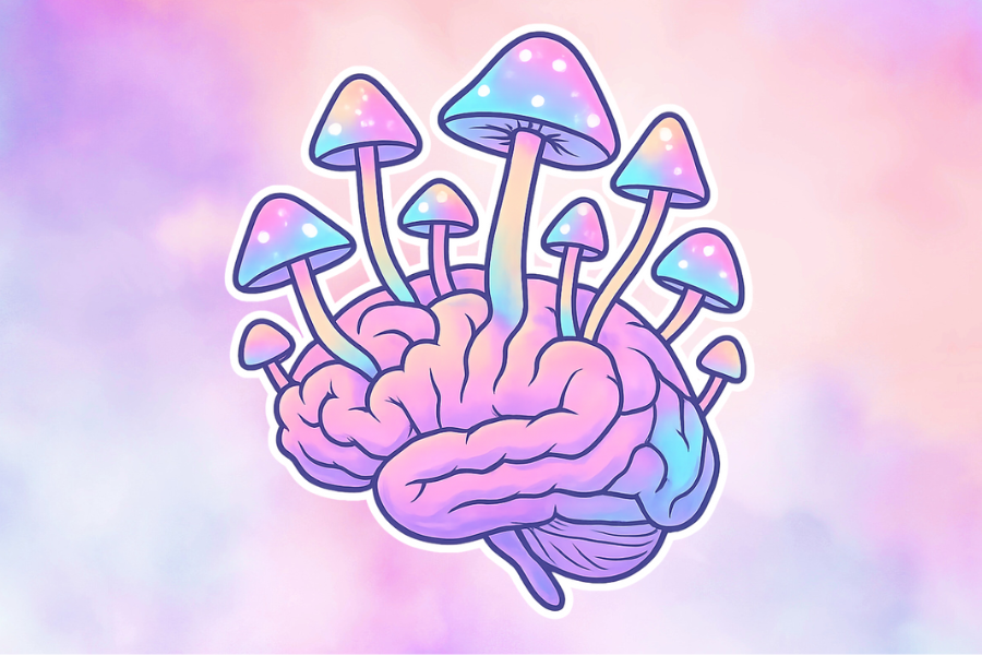 magic mushrooms growing out of a brain depicting how psilocybin affects DMN