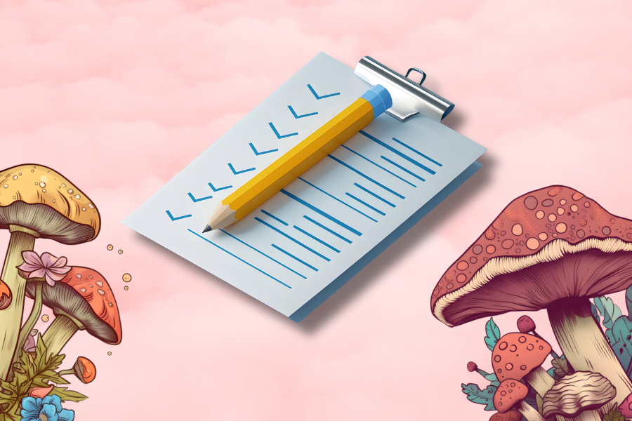 A graphic of a Set and Setting Checklist surrounded by magic mushrooms on a pastel background