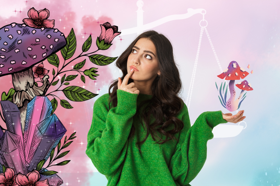 a woman thinking about different 1g 2g and 3g dosages of magic mushrooms while holding a mushroom and a scale is behind her depicting What to Expect in a 1 g, 2 g, and 3 g Psilocybin Journey