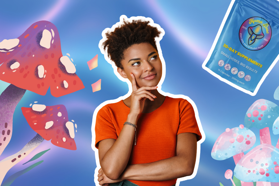 a woman thinking about What’s Actually Happening In the Body During a Microdose on her side there are magic mushrooms and mama dose microdosing capsules